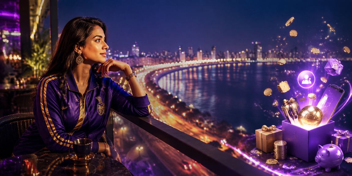 Night view of Mumbai Marine Drive with cricket betting theme
